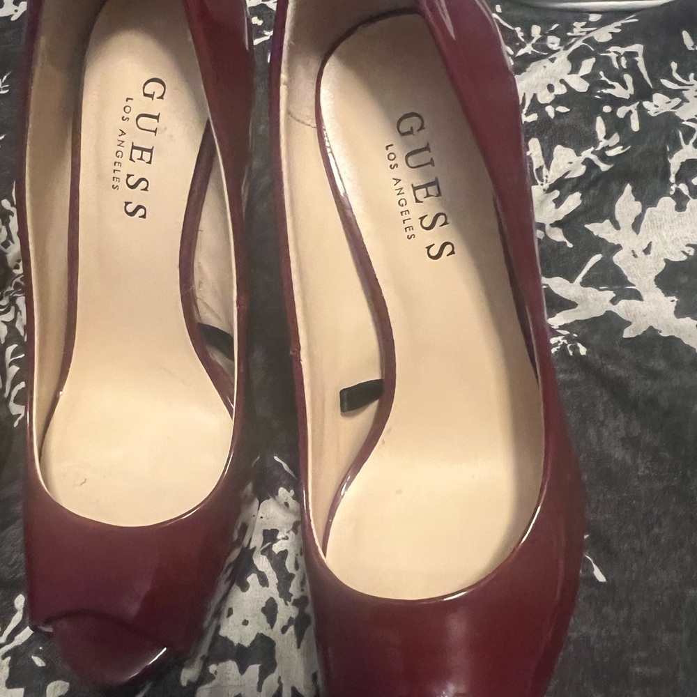GUESS Women's Deep Red Peep Toe Heels